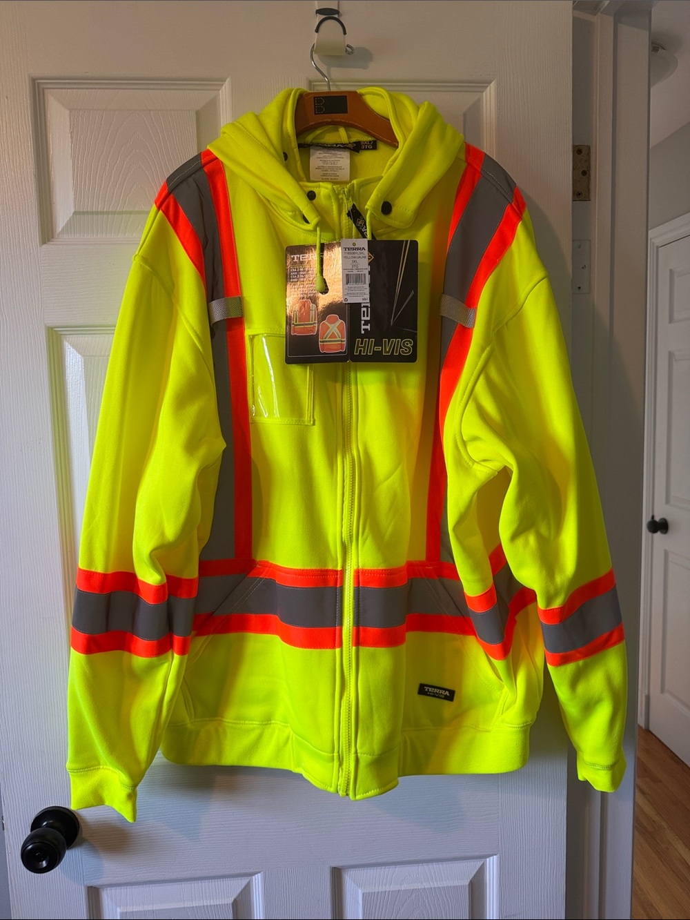 Hi-Vis Safety Hoodie Jacket - Neon Yellow with Orange & Gray Reflective Stripes